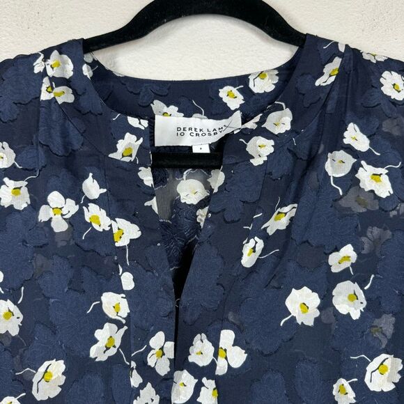 Derek Lam 10 Crosby Silk Floral Long Sleeve Blouse Navy Blue Daisy Women’s 8 - Picture 2 of 8